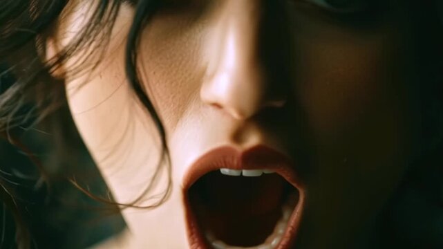 Vulnerable woman with brown lipstick screaming, expressing deep emotional pain against shadowy dark backdrop