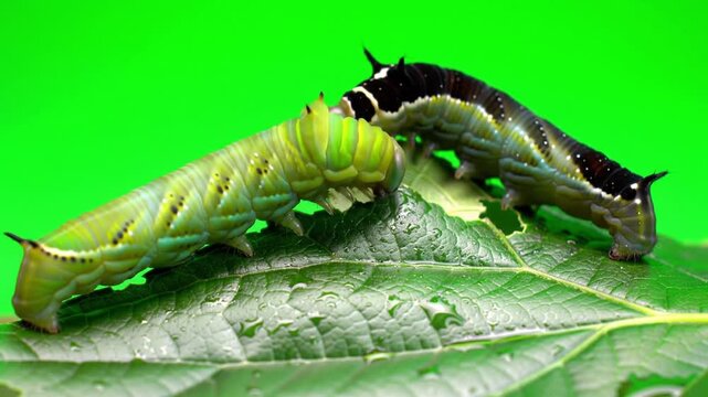 Close-up of green and black caterpillars on a leaf against a green backdrop.