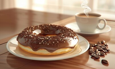 Chocolate donut and steaming coffee on wooden table for morning breakfast