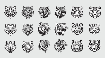 Tiger head icon set, Set of tiger head, Minimal cat heads, Tiger face icon silhouettes Bundle, Roaring tiger heads vector illustration