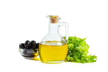 Olive oil, olives and frillice salad leaves. Ingredients mediterranean cuisine.