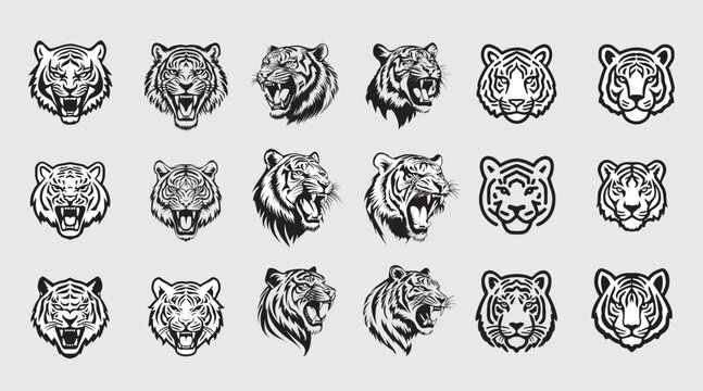 Tiger head icon set, Set of tiger head, Minimal cat heads, Tiger face icon silhouettes Bundle, Roaring tiger heads vector illustration