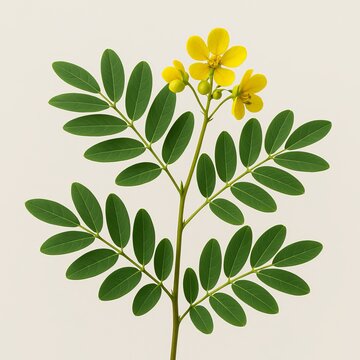Detailed Illustration of a Senna Plant Branch with Yellow Flowers and Compound Leaves