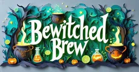 Papercraft design features Bewitched Brew text, pumpkins, potion bottles, spooky trees. Festive Halloween illustration.