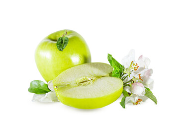 Green juicy whole and sliced ​​apples with flowers and leaves. Isolated on white.