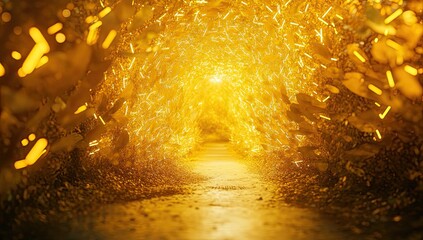 A glowing yellow tunnel with lights on the sides, creating an atmosphere of depth and perspective