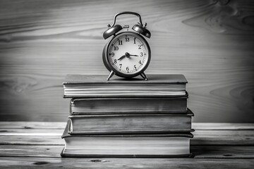 Photo of an oldfashioned alarm clock rests on a stack of books, symbolizing the passage of time in education