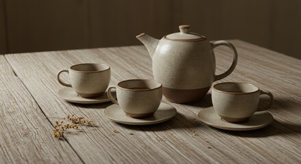 Fototapeta premium Elegant Rustic Teapot and Cups Set on Wooden Table Surface