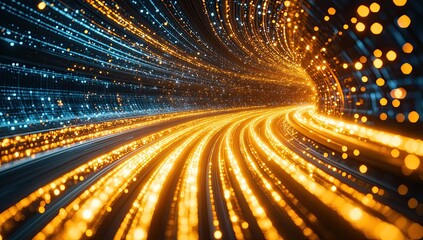 A glowing yellow tunnel with lights on the sides, creating an atmosphere of depth and perspective