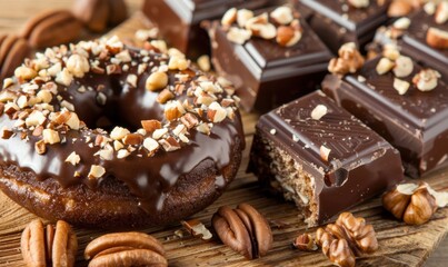 Chocolate donuts and squares with chopped nuts on a wood background