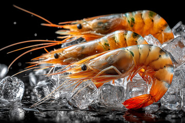 Fresh raw shrimp seafood on ice.