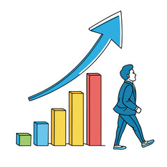Businessman pushing 3D growth chart, vectors illustrating financial success and market progress white background EPS file download.
