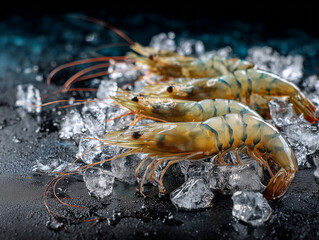 Fresh raw shrimp seafood on ice.