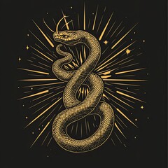 A golden line drawing of an elegant snake, coiled and rising upwards 