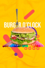 Trendy exclusive 3d vertical artwork collage of colorful placard burger oclock nutrition felt-pen fork fast food nutrition
