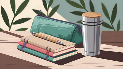 A serene study scene showcases a pen atop stacked notebooks, a teal pencil case, and a stylish thermos, all elegantly arranged on a shaded wooden surface with leafy shadows