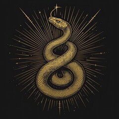 A golden line drawing of an elegant snake, coiled and rising upwards 