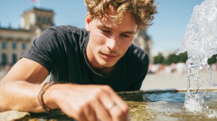 Young man refilling a plastic bottle from a public water fountain on a sunny day, promoting hydration and eco-conscious habits during hot weather in a city environment.