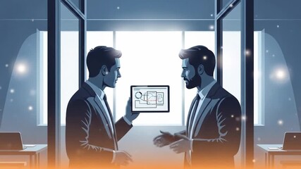 Two businessmen discussing tablet interface in modern office environment during meeting - Powered by Adobe
