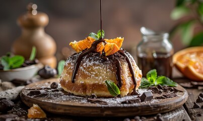 Chocolate drizzled pastry with orange slices culinary still life dessert