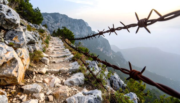 Mountain path with barbed wire fence, overlooking a misty valley - Powered by Adobe