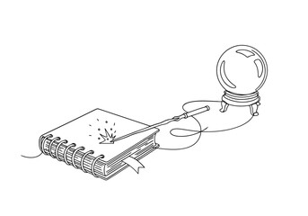 Vector art of magic book with wand and crystal ball isolated