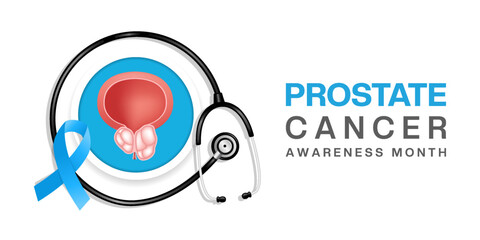 September is prostate Cancer Awareness Month. Prostate cancer, ribbon and stethoscope. Suitable for posters, banners and social media. White background.