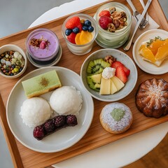 Assorted Dessert Platter with Fresh Fruits, Cakes, and Sweet Treats on Wooden Tray