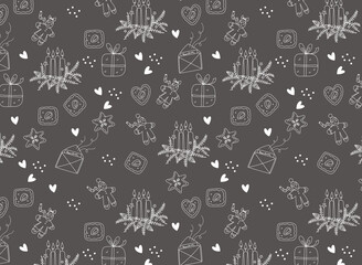 Seamless pattern  of German Christmas tradition elements. German Christmas Bread, Cookies and advent candles. Vector doodle line art hand drawn  illustration.