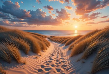 Peaceful sandy pathway leading through dunes toward ocean during colorful sunset light