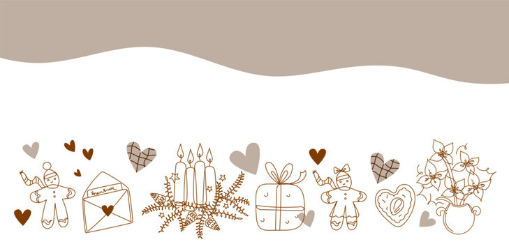 German Christmas tradition festive border. German Christmas Bread, Cookies and advent candles. Vector doodle line art hand drawn  illustration. - Powered by Adobe