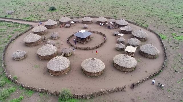 Aerial view of a traditional circular village with thatched huts in a rural African landscape