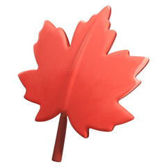 A glossy 3D, three-dimensional rendering of a red maple leaf.