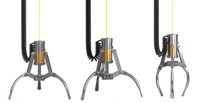 Opened and closed chrome robotic claw. Claw arcade game. Toy claw machine isolated on transparent background