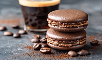 Chocolate macaron stack with coffee beans and drink in studio shot