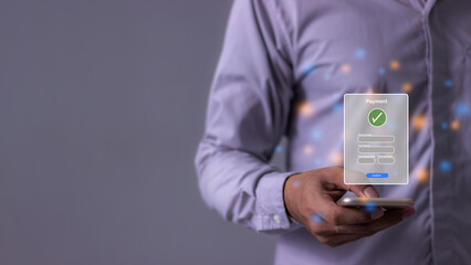 Young Man Hand Using Smartphone For Mobile Payment, Online payment, Digital, and Online shopping, Bank account phone, Mobile banking