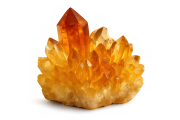 Gleaming citrine crystal cluster featuring sharp central point on clear backdrop