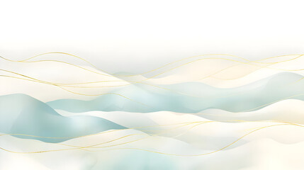 Delicate, light teal and cream colored abstract landscape.  Soft, flowing lines and gentle curves depict mountain ranges.  Gold lines add subtle detail and texture