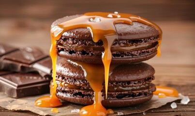 Chocolate macaron stack with caramel drizzle on a rustic wood surface