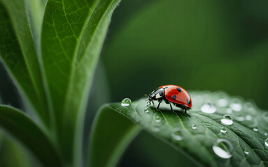 Obraz premium Tautropfen und Glück – Ein Marienkäfer im Morgengras