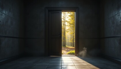 Mysterious dark room with an open door revealing sunlit forest in distance