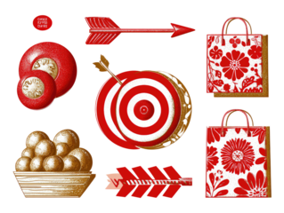 Red and white graphic design elements.  Several round objects, a target, arrows, and patterned shopping bags
