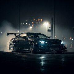 Fototapeta premium A sports car drifts at night, emitting smoke from its tires under bright lights.