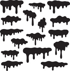 Collection of dripping black ink splatters and blobs silhouette