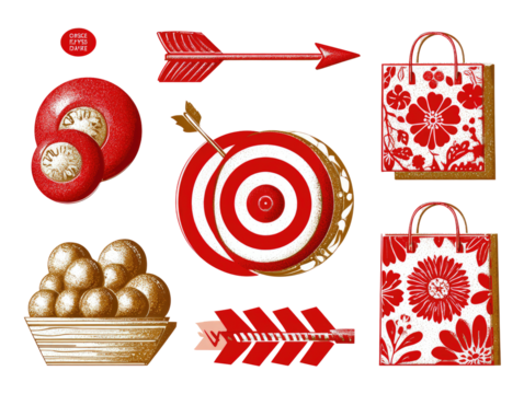 Red and white graphic design elements. Several round objects, a target, arrows, and patterned shopping bags