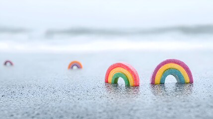 Naklejka premium Colorful rainbow shapes, resembling candies, rest on a beach. Soft waves in the background