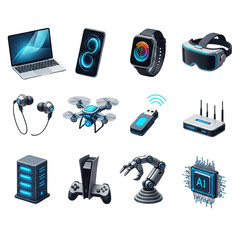 Modern technology icons set featuring laptop computer smartphone smartwatch VR headset drone USB drive router server game console robotic arm AI chip isolated on transparent background