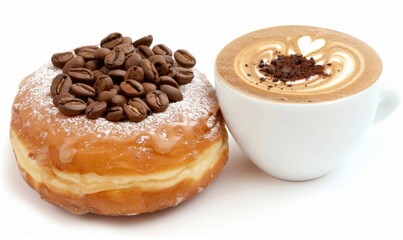 Coffee bean topped donut with frothy cappuccino on white background
