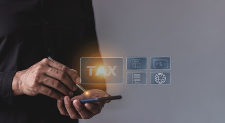 Man using smartphone, Tax online internet network, Tax Time, Offers online tax refund forms for paying taxes, Submitting tax forms online, Signing taxes online, Managing taxes via the internet network