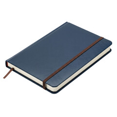 Navy blue leather notebook with brown elastic closure isolated on transparent background